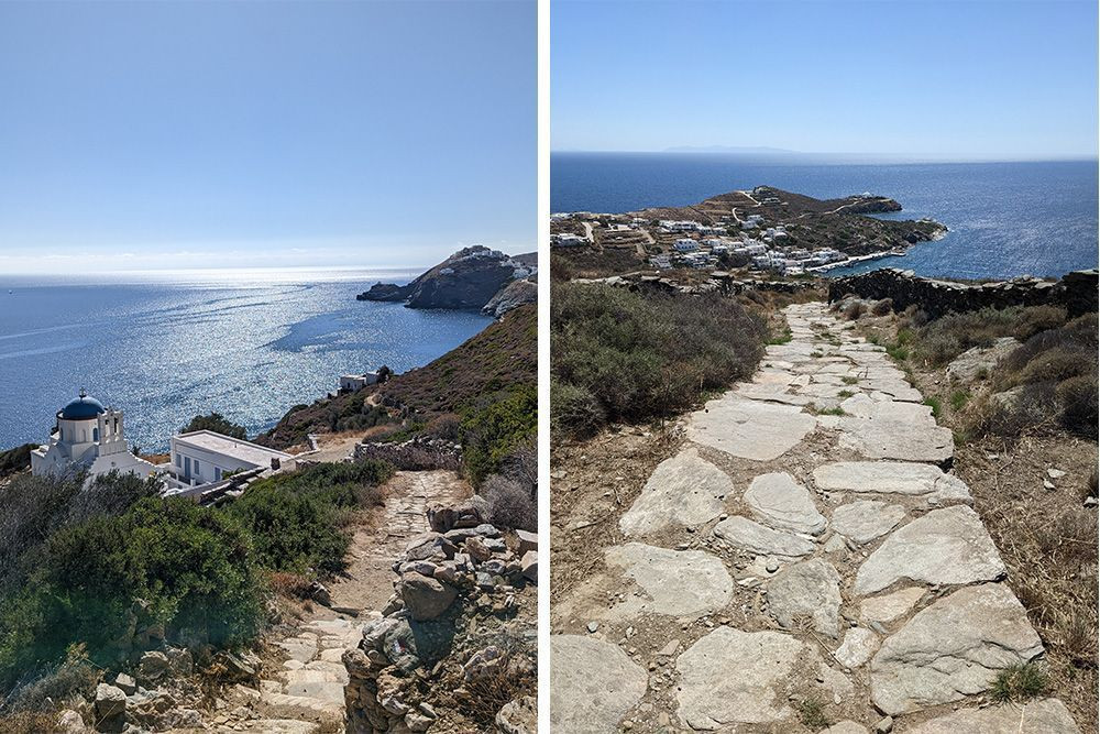 © Cécile Hénard Kapel met blauwe koepel en kustpad - Sifnos - Griekenland