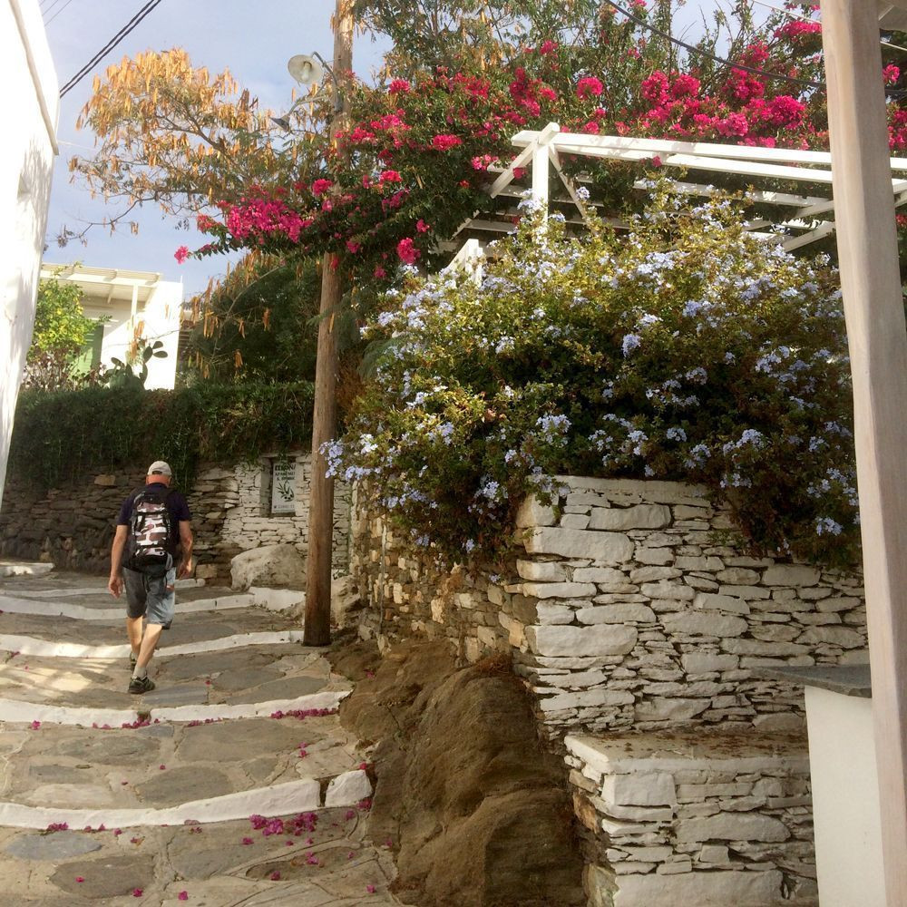 Wandelaar in een bloemrijk steegje van Apollonia - Sifnos - Griekenland